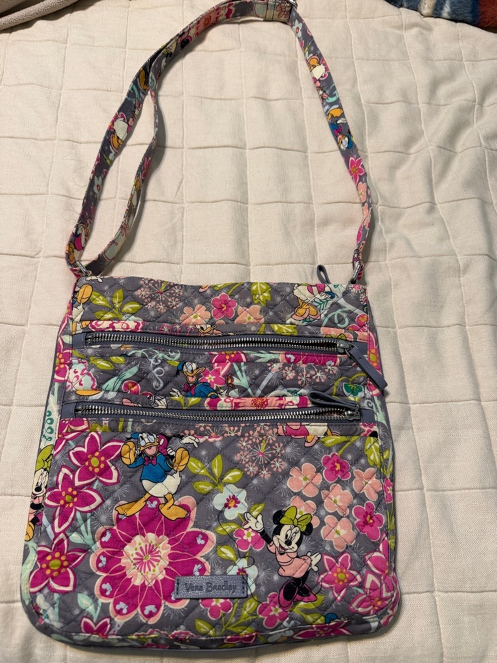 Vera Bradley Floral Disney Quilted Crossbody in Gray and Pink